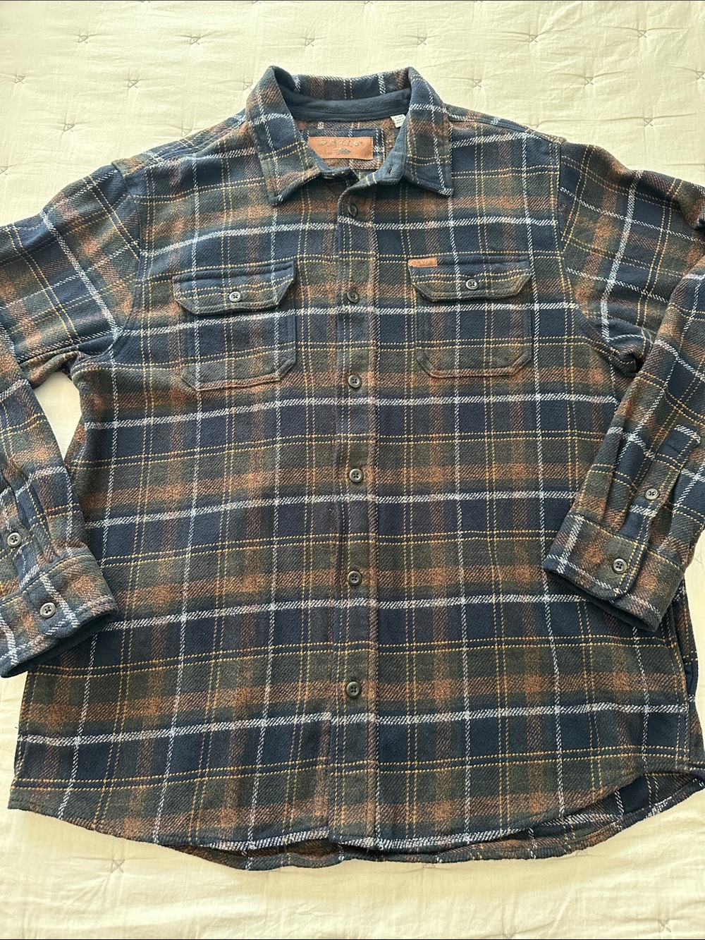 Orvis Navy and Brown Plaid Button-Down Shackett style shirt